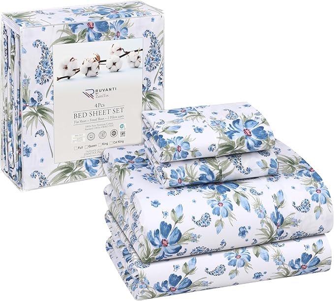 RUVANTI 100% Cotton Sheets Queen Size Set, 4 Pieces, Soft & Breathable Percale Weave Bedding, Deep Pocket 16", Hotel Standard, Crisp Cool Feeling, Durable, Perfect Floral Bed Sheet, Paislyona