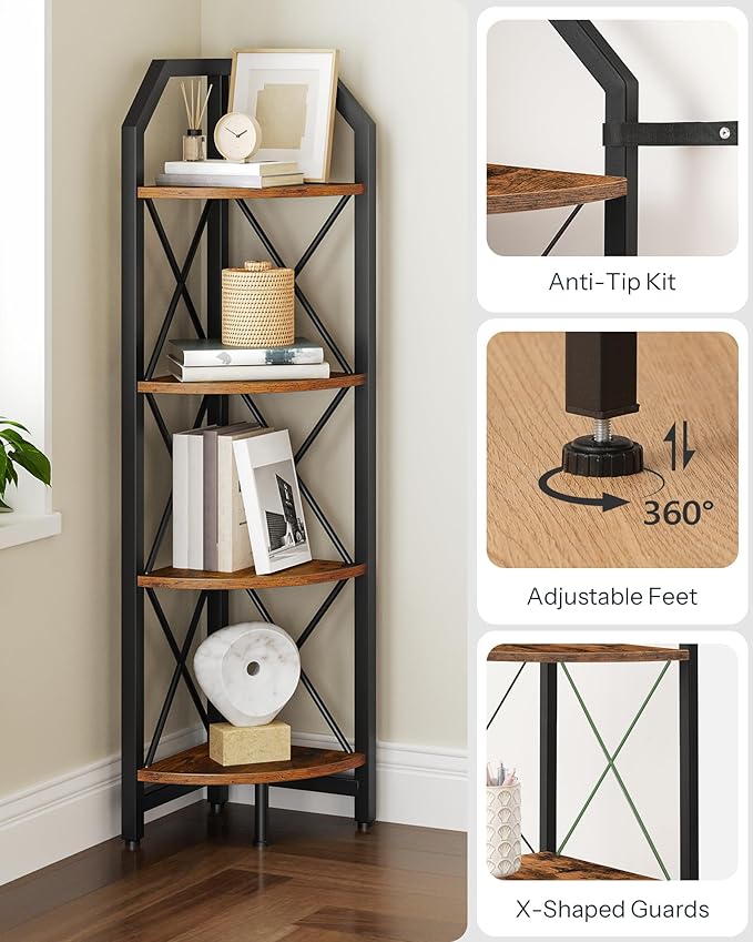 CHOEZON 4-Tier Rustic Brown and Black Corner Shelf, 4-Shelf Industrial Corner Bookshelf, Space-Saving Corner Storage Stand, Plant Stand Display Shelf, Bedroom, Living Room, Home Office - Image 5
