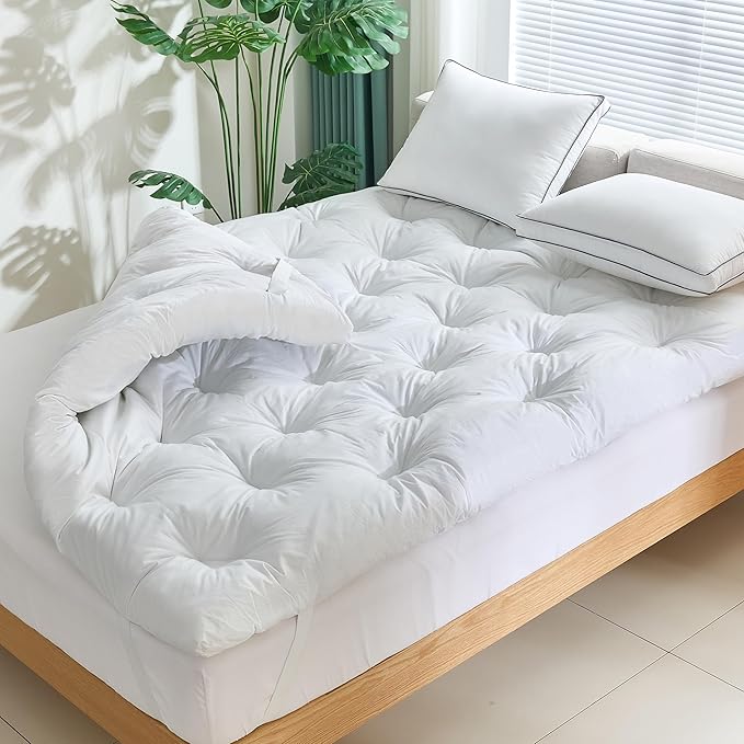 WhatsBedding 3 Inch Feather Bed Mattress Topper, Duck Feather Memory Foam Bed Topper,Soft Fluffy Supportive Pressure Relief Mattress，Twin