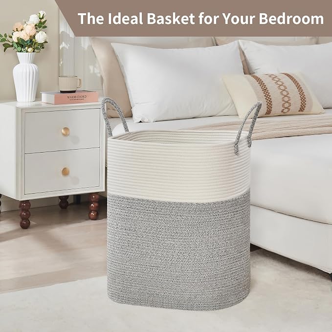 AINUOQI Laundry Basket with Handles - Blanket Basket & Hampers for Bedroom Aesthetic, Laundry Hamper & Blanket Storage for Living Room, Clothes Hamper, Tall, Large 17" x 14" x 24”, White & Grey - Image 6