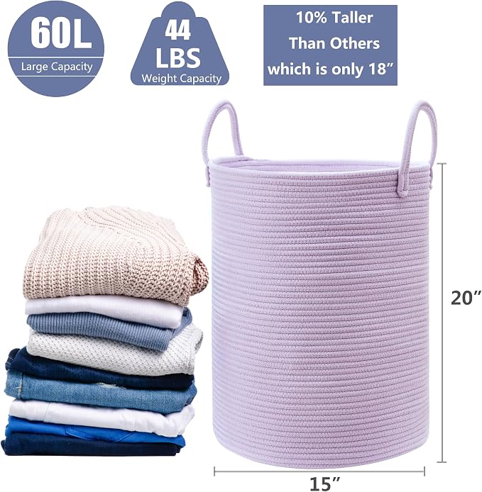 60L Large Purple Laundry Hamper Basket for Nursery Kids Tall Lavender Blanket Basket for Girls Cotton Rope Lilac Clothes Hamper in Bedroom 15Dx20H inches - Image 2