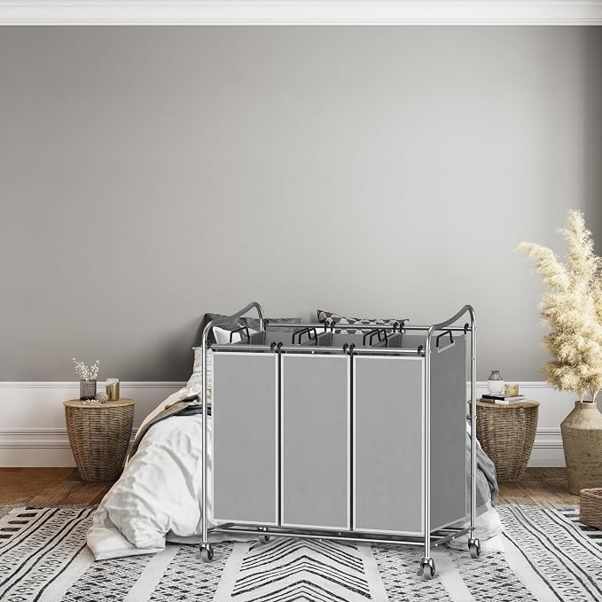 Simple Houseware Heavy-Duty 3-Bag Laundry Sorter Cart, Silver - Image 6