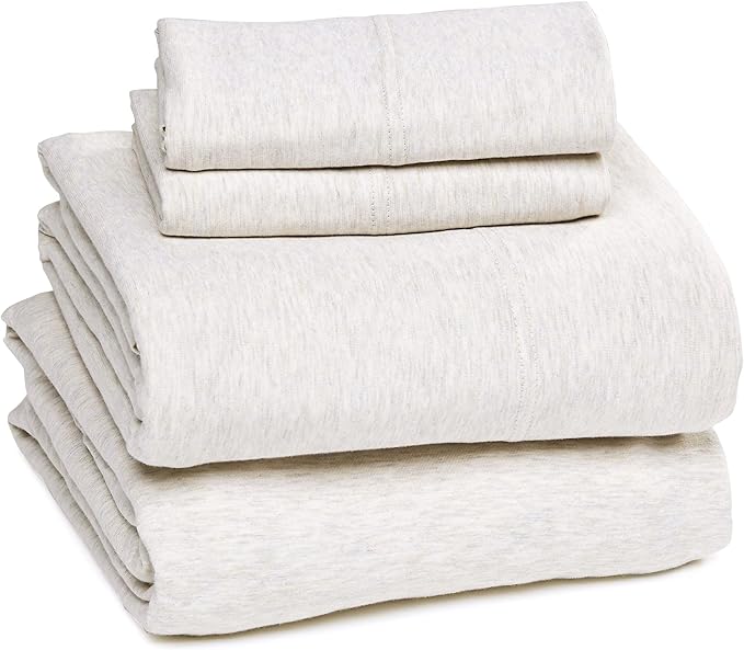 Amazon Basics 4 Piece Breathable 100% Cotton Jersey Knit Sheet Set, Stretchy Lightweight, Includes Flat and Fitted Sheets, Pillowcase, Full, Oatmeal