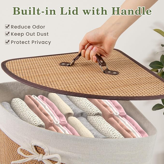GOFLAME Corner Bamboo Laundry Hamper with Lid and Removable Liner, Washing Clothes Basket Storage Bin with Handle, Suitable for Bedroom, Bathroom, Laundry, Bamboo - Image 8