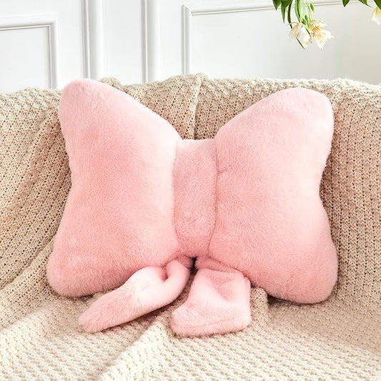 XVTRU Pink Bow Pillow, Soft Bow Decorative Pillows with Faux Rabbit Fur, Cute 16" Bow Throw Pillows, Aesthetic Home Decor Bow Shaped Plush Pillow for Bedroom Sofa Couch