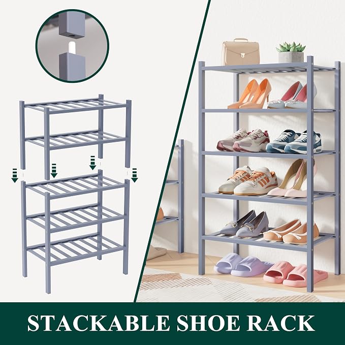 Smiry Bamboo Shoe Rack for Closet, 4 Tier Small Wooden Stackable Shoe Organizer, Free Standing Shoes Storage Shelf for Entryway, Front Door Entrance, Grey - Image 7