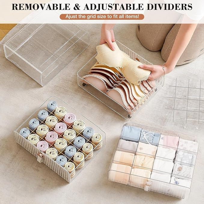 Sock Underwear Drawer Organizer - 24 Compartment Clear Acrylic Storage Bins with Removable Dividers for Closet, Stackable Dresser Drawer Box for No-Mess Socks, Tiers, Baby Clothes, Belt, Tea Bag - Image 7