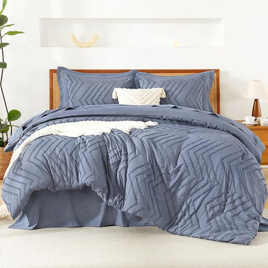 Litanika California King Size Comforter Set with Sheets Bluish Grey - 7 Pieces Bed in a Bag Cal King Chevron Tufted Complete Bedding Sets with Comforter, Sheets, Pillowcases & Shams