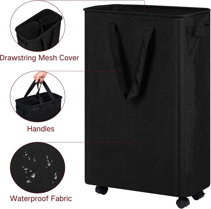 efluky Slim Laundry Hamper with Wheels, Rolling Laundry Basket for Clothes, Small Laundry Basket for Bedroom, Dorm and Laundry Room, 60L (12.7 Gallons) Black - Image 4