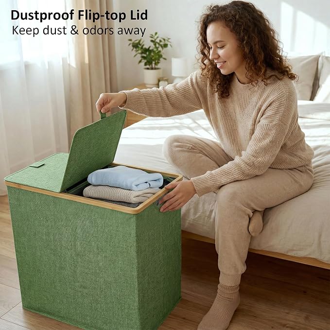 efluky Laundry Hamper with Lid, Double Laundry Hamper with 2 Removable Bags, 2 Section Laundry Basket with Bamboo Handles for Bathroom, Bedroom & Laundry Room,140L Green - Image 5