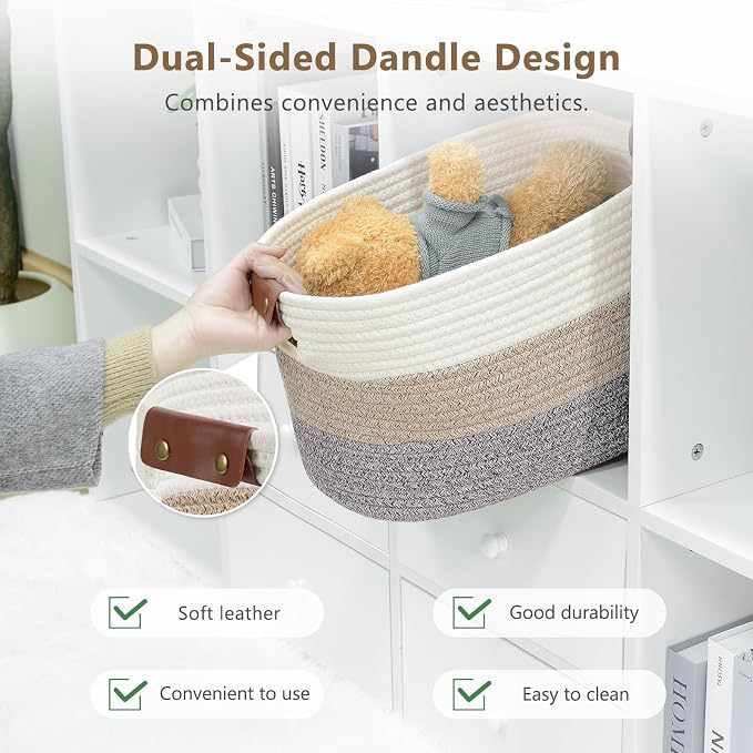 ECDYQXVU Cotton Rope Basket, Storage Baskets with Handle, 15x10x9 Inch Woven Basket for Shelves, Laundry, Towels, Clothes, Books (Gradient Brown 3 Pack) - Image 5