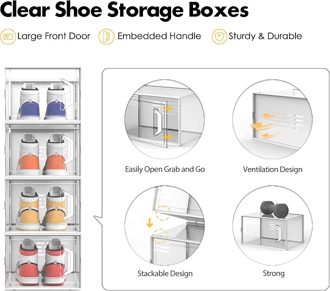 SEE SPRING XX-Large Shoe Storage Box Fit Size 14, Clear Plastic Stackable Shoe Organizer for Closet, Space Saving Sneaker Shoe Rack Containers Bins Holders for Entryway, Under Bed, 12 Pack Black - Image 4