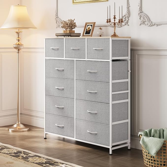 WLIVE Tall Dresser for Bedroom, Fabric Dressers Storage Tower, Dresser & Chest of Drawers Organizer Unit with 11 Drawers, Storage Cabinet, Hallway, Closets, Steel Frame, Wood Top, Light Grey - Image 2