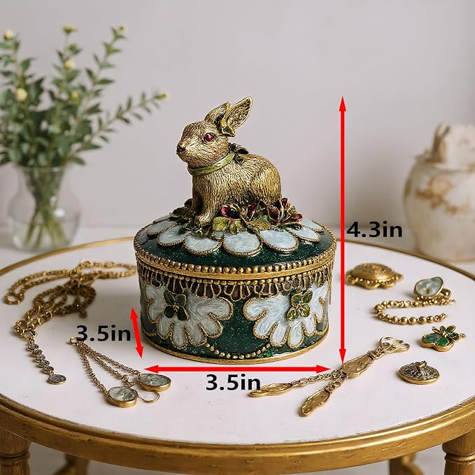 Handcrafted Rabbit Jewelry Box, Antique Gold Finish with Enamel Accents, Vintage Trinket Box for Rings and Small Keepsakes, Decorative Bunny Figurine Ornament - Image 8