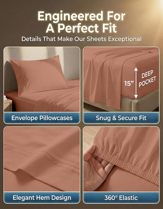 LANE LINEN 100% Cotton Sheets Twin Size - 600 Thread Count Sateen Weave for Silky Feel On Skin - Hotel Quality Luxury for Guest Rooms - 15'' Deep Pocket for Snug Fit to Your Mattress - Rose Dawn