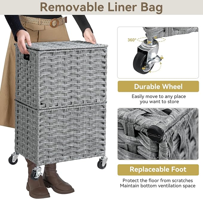 Chrislley 90L Slim Laundry Hamper with Wheels, Rolling Laundry Basket with Lid and Renovable Liner Bag, Handwoven Rattan Organizer for bedroom, bathroom, laundry room (Grey) - Image 5