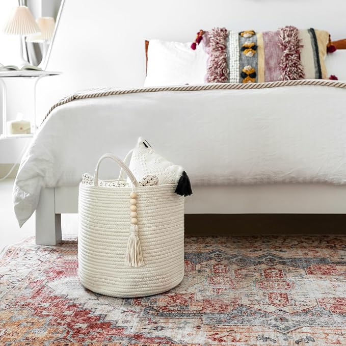 Mkono Woven Storage Basket with Handles Decorative Cotton Rope Basket Wooden Bead Decoration for Blankets,Toys,Clothes,Living Room Home Decor, 11", White - Image 7
