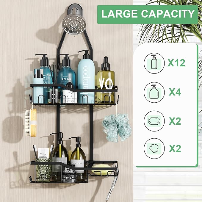 Shower Caddy Hanging,Rustproof Anti-Swing Shower Organizer,2 Tier Hanging Bathroom Caddy Anti-swing and Non-slip,Bathroom Organizer with 18 Hooks for Razor/Sponge - Image 6