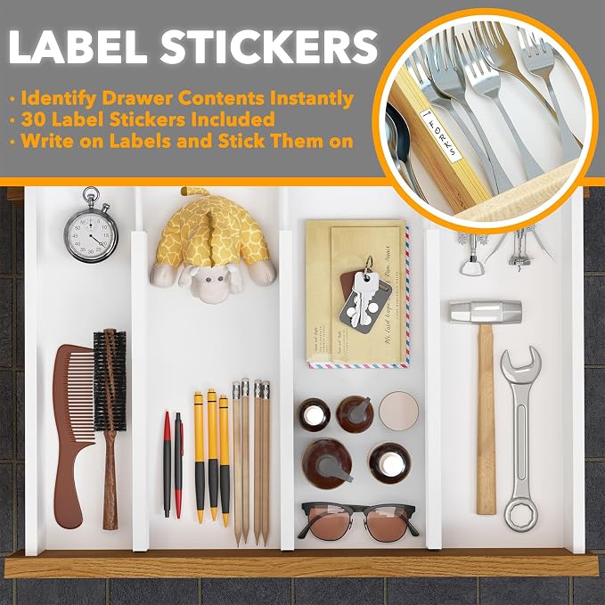 SpaceAid 4 Pack Bamboo Drawer Dividers with Labels, Kitchen Adjustable Drawer Organizers, Expandable Organization for Home Clothes Dressers (17-22 in, White) - Image 4