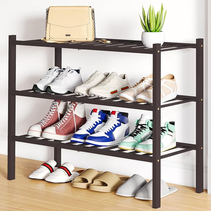 Smiry Shoe Rack, 3 Tier Bamboo Shoe Organizer, Stackable Free Standing Wooden Shoe Storage Shelf for Closet, Entryway, Front Door Entrance, Brown by Smiry