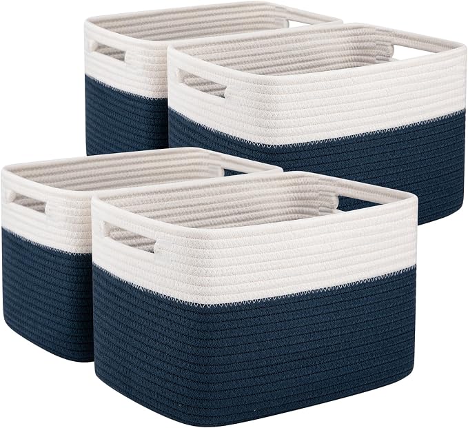 OIAHOMY 4 Pack Storage Baskets for Organizing, Basket for Shelves with Handle, Woven Baskets for Storage Toys, Towels, Books, Cotton Rope Basket 13" L x 9 " W x 7.8 " H, Blue & White by MasterofSpaceOptimization
