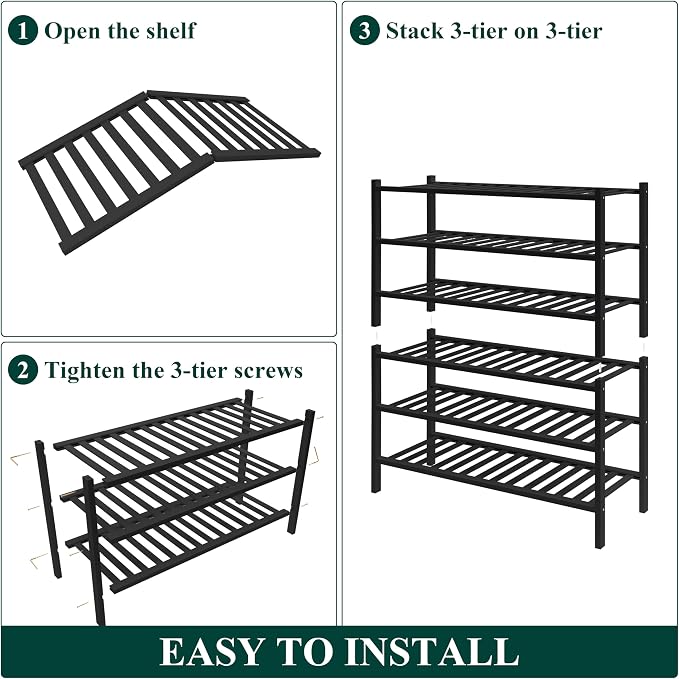 Smiry Bamboo Shoe Rack for Closet, 6 Tier Wooden Stackable Shoe Organizer, Free Standing Shoes Storage Shelf for Entryway, Front Door Entrance, Black - Image 6