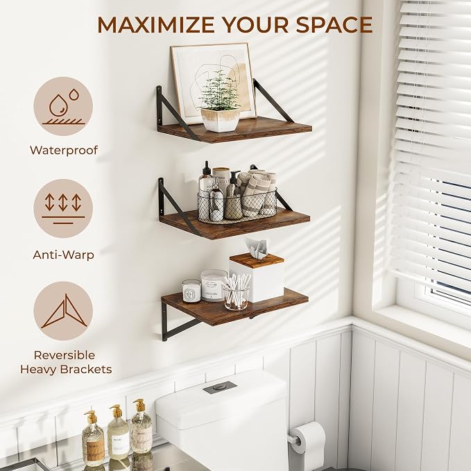 Deep Floating Shelves for Wall, 12 Inch Deep Floating Shelves Set of 3, 16W x 12D Wood Wall Shelves, Wide Wood Shelves with Metal Bracket for Living Room, Kitchen, Office, Bedroom - Rustic Brown - Image 4