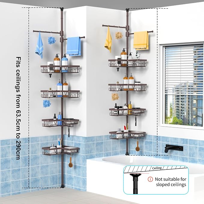 KEGII Shower Caddy Tension Pole with 2 Towel Bars, Adjustable Corner Bathroom Organizer, Rustproof Bathtub Storage Shelves for Shampoo, 25–114.2 Inch Shower Corner Rack for Renters & Family, Bronze - Image 7