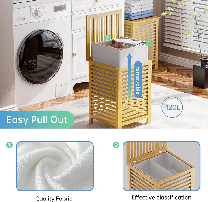 SMIBUY Double Laundry Hamper with Lid, 120L Bamboo Laundry Basket with Removable Liner Bag, 2-Section Clothes Divider Laundry Sorter for Laundry Room, Bathroom, Bedroom (Natural) - Image 8
