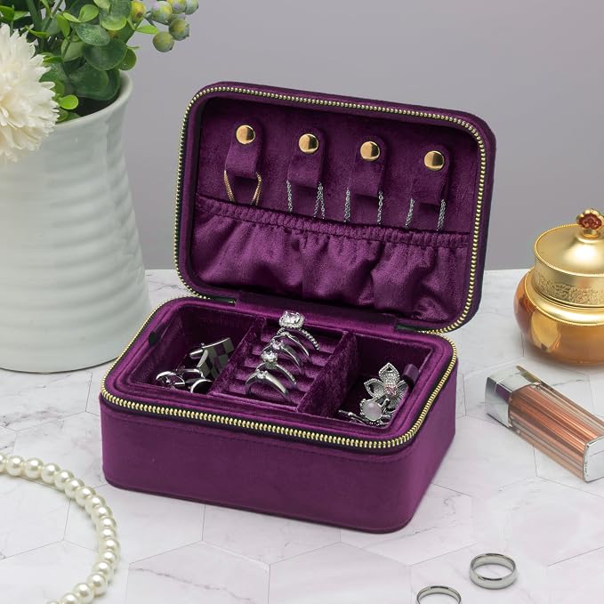 Velvet Travel Jewelry Organizer Box with Zipper Around Portable Accessory Display Tray Holder Storage Case for Multiple Earrings Rings Necklaces Bracelets (Purple) - Image 7
