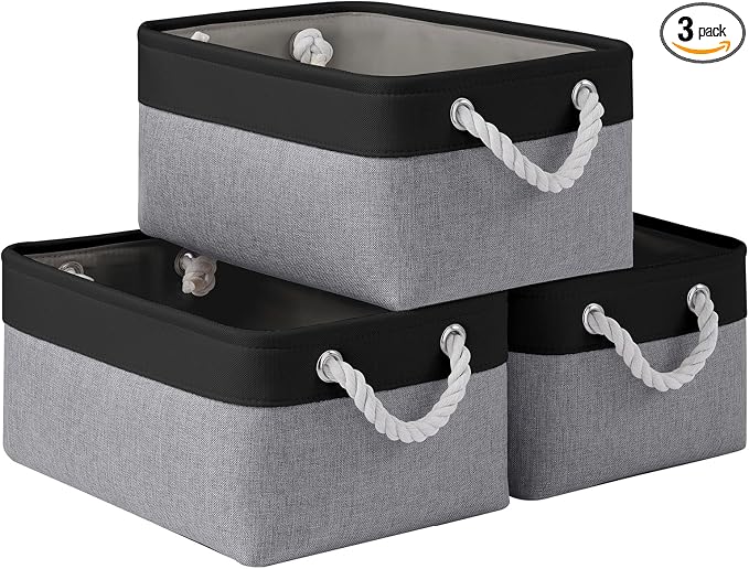 Storage Baskets for Shelves 13.8x9.8x6.7 Inch, Foldable Fabric Storage Bins with Handles, Small Storage Baskets for Organizing Closet, Office, Home Organization (3-Pack, Black&Gray) by VQRTEXAStorageBasket