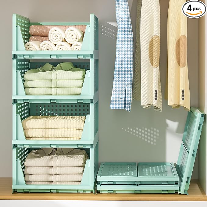 Closet Organizer, 4 Pack Stackable Storage Bins for Closet Shelves, Plastic Storage Drawers Basket Weekly Clothes Organizer for Kids(4L)（Green） by Neprock