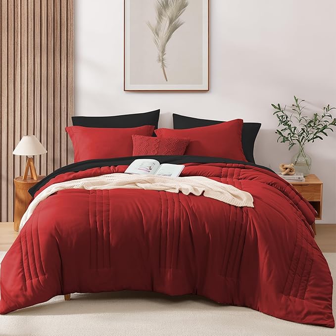 Monbix Queen Comforter Set - 7 Pieces Bright Red Bed in a Bag Queen Bedding Sets with Comforters, All Seasons Comforter Bed Set with Sheets, Pillowcases & Shams