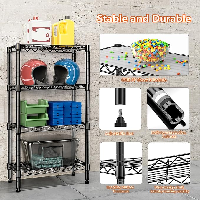 M MZG 1000 lbs 4 Tier Shelf Metal Storage Shelves Wire Rack Closet Organizers with PP Board for Garage Kitchen Bathroom Laundry Black 11.8" D x 21.7" W x 39.5" H - Image 7