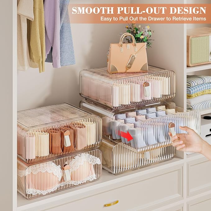 Sock Underwear Drawer Organizer - 24 Compartment Clear Acrylic Storage Bins with Removable Dividers for Closet, Stackable Dresser Drawer Box for No-Mess Socks, Tiers, Baby Clothes, Belt, Tea Bag - Image 2