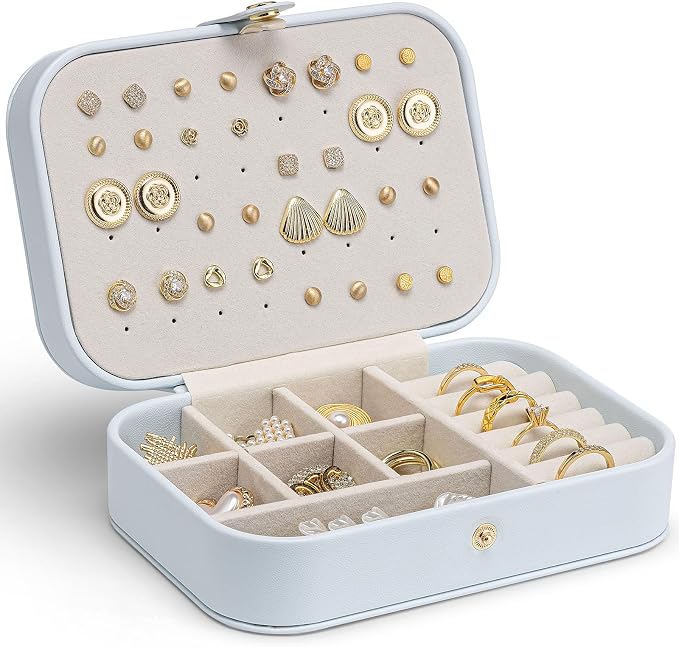 VLANDO Travel Jewelry Case, PU Leather Travel Jewelry Box with Earring Holder, Portable Display Mini Jewelry Case for Mothers Day Women Girls Gift - Blue by VLANDO