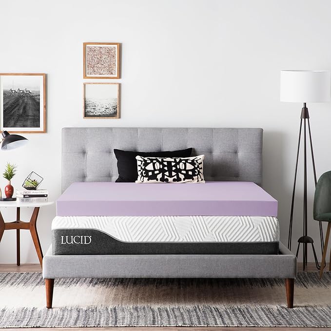 Lucid 4 Inch Lavender Memory Foam Mattress Topper, Queen Size – Essential Oil Infusion – Ultra Plush Feel, Pressure-Relieving Bed Topper – Ventilated and Breathable – CertiPur Certified