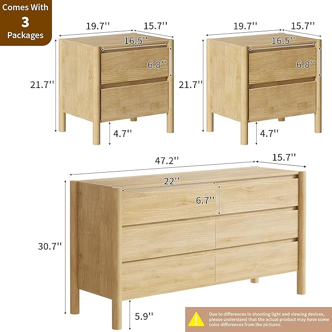 CHUWELL 3-Piece Bedroom Dresser Set-6 Drawer Dresser & 2 Nightstands,47" Wide Dresser and Night Stands with Solid Wood Cylindrical Legs,Rustic Wooden Storage for Bedroom(Oak)