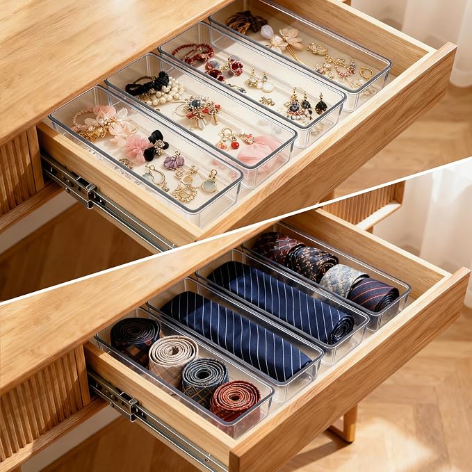Ohlove 6 Pcs Large Clear Plastic Drawer Organizers Tray 12"x3" Storage Bins with 25 Pcs Non-Slip Pads for Makeup, Jewelries, Kitchen Utensils, Bathroom and Office - Image 7