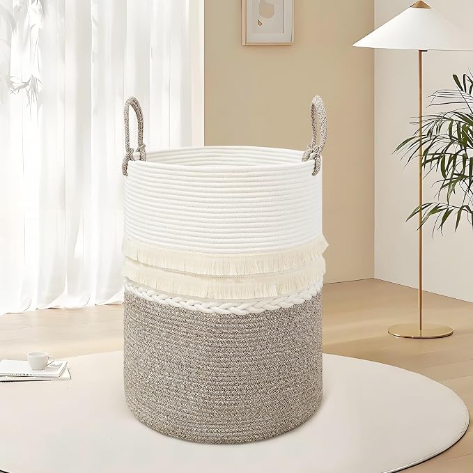 danpinera 79 L Large Laundry Basket, Tall Woven Cotton Storage Hamper with Handles, Dirty Clothes Hamper in Bathroom, Decorative Storage Basket for Living Room White & Brown - Image 9