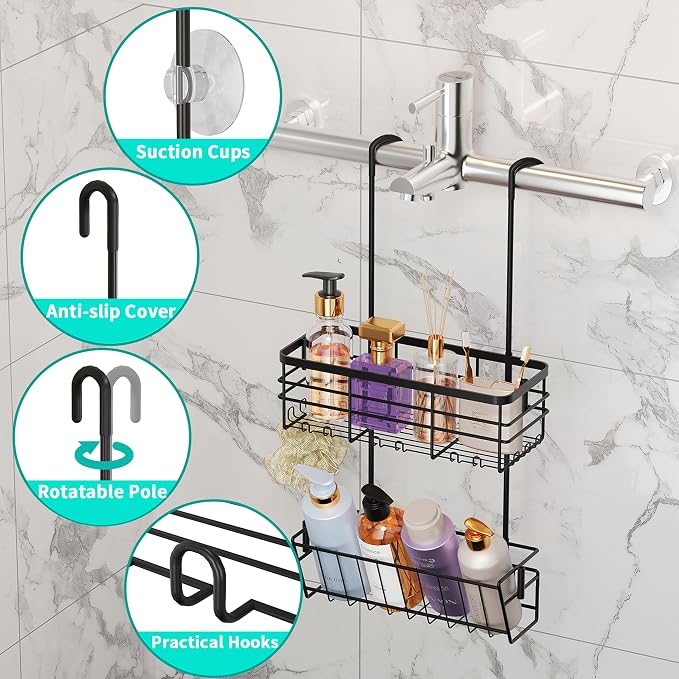 HapiRm Hanging Shower Caddy Organizer - No Drilling Shower Organizer with Inclined Shelf, Rustproof & Waterproof 304 Stainless Steel Bathroom Caddy - Black - Image 2