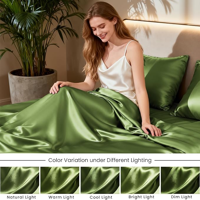 Love's cabin California King Satin Sheet Sets - 4 Piece Sage Silky Sheets Bed Set with Deep Pocket, Luxury Silk Feel Satin Cal King Sheet Set (1 Flat Sheet,1 Fitted Sheet,2 Pillow Cases)