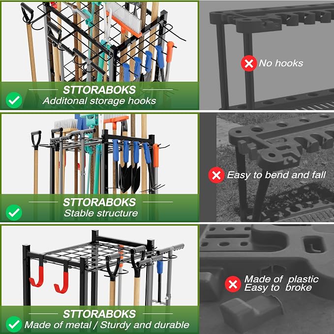 Sttoraboks Garden Tool Organizer Rack Up to 50 Tools, Heavy-Duty Steel Yard Tool Organizer for Garage Storage with 11 Hooks, Broom Holder & Garden Tool Rack for Shed, Patio, Outdoor Use, Black - Image 3