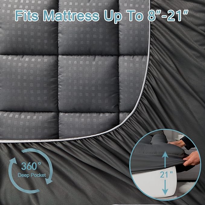 HYLEORY Twin XL Mattress Pad Quilted Fitted Mattress Protector Cooling Pillow Top Mattress Cover Breathable Fluffy Soft Mattress Topper with 8-21" Deep Pocket, Dark Grey