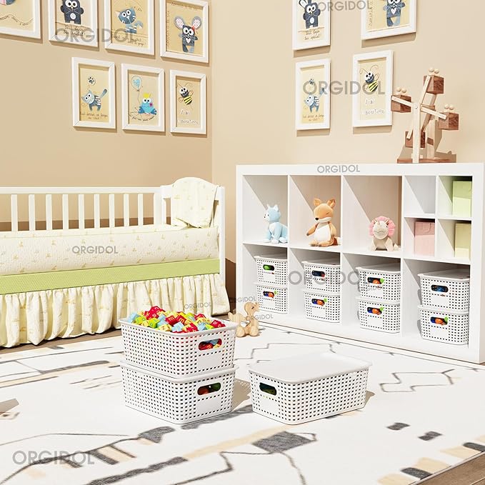 ORGIDOL Plastic Storage Basket with Lids 10 Pack Stackable Storage Bins Containers with Lid, Decorative Storage Boxes for Organizing Shelves, Drawers, Playroom, Classroom, Office, Closet, White - Image 3