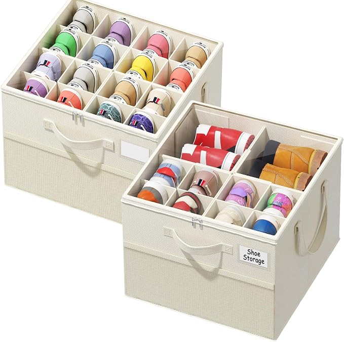 NestOrganix 2 Pack Shoe Organizer for Closet, Large Shoe Box Storage Containers, Foldable Shoe Storage Organizer Box Bin with Adjustable Dividers and Clear Cover, Space Saving Shoes Holder, Beige by Unknown