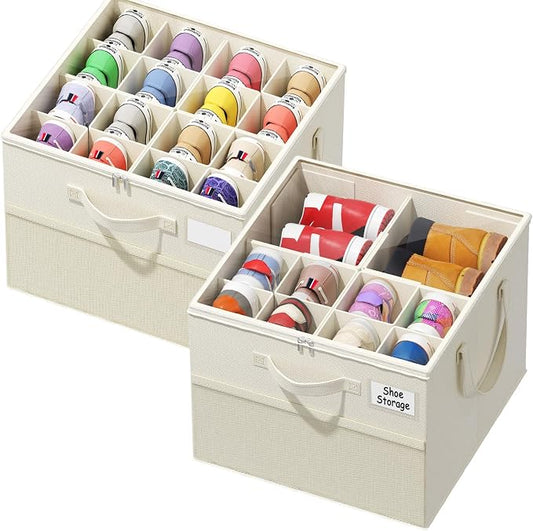 NestOrganix 2 Pack Shoe Organizer for Closet, Large Shoe Box Storage Containers, Foldable Shoe Storage Organizer Box Bin with Adjustable Dividers and Clear Cover, Space Saving Shoes Holder, Beige by Unknown