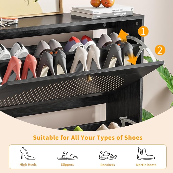 Fsbecl Shoe Storage Cabinet for Entryway with 2 Flip Drawers, Narrow Wood Shoe Cabinet with Fluted Panel, Freestanding Hidden Shoe Organizer for Foyer, Hallway (Black - with Shelf) - Image 5