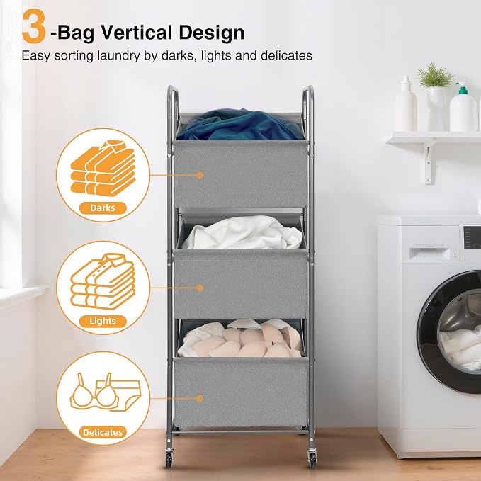 STO STO 3-Tier Vertical Rolling Laundry Hamper with Removable Bags, 120L Stackable Laundry Sorter Basket, Clothes Hamper with Wheels for Small Spaces, Closet, Bedroom, Bathroom, Laundry Room, Gray - Image 5