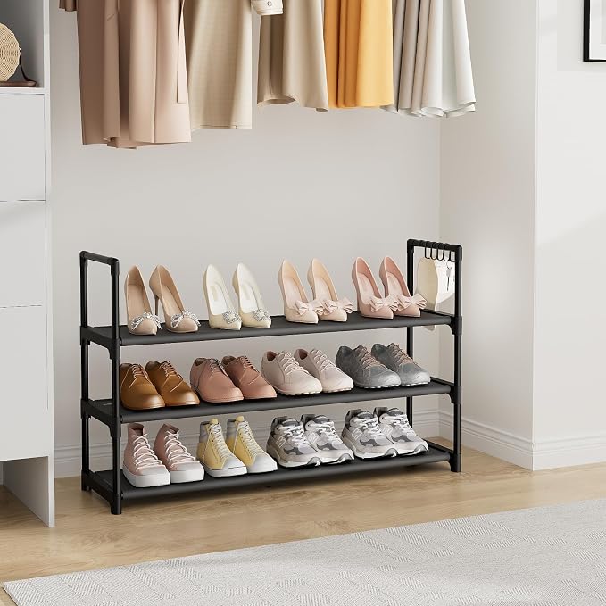 VILICK Shoe Rack for Closet Shoe Organizer Space Saver Storage for 12-15 Pair Shoe Shelf with Hook Free Standing 3 Tier Shoe Rack Organizer for Entryway, Small Spaces, Black - Image 7